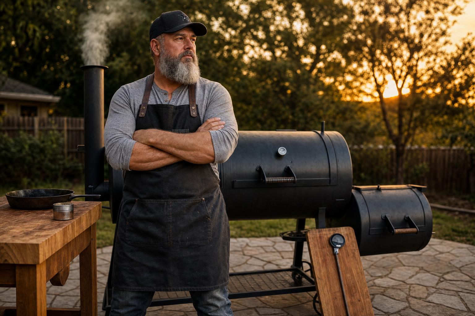 Illustrated portrait of Jim standing in front of his backyard offset smoker at golden hour.