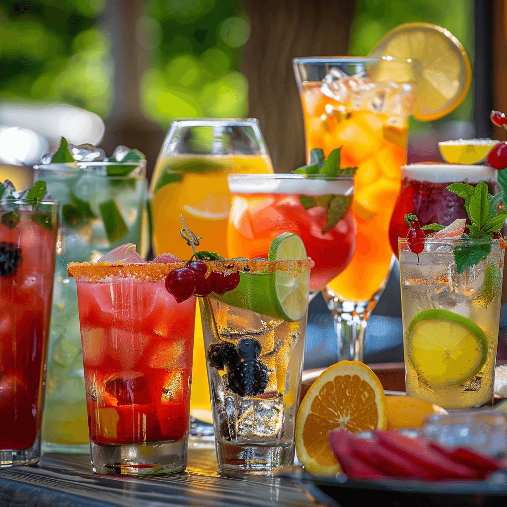A photo of popular bbq cocktails, moscow mule, peach bourbon iced tea, smoked bbq margarita, and other barbecue cocktails.