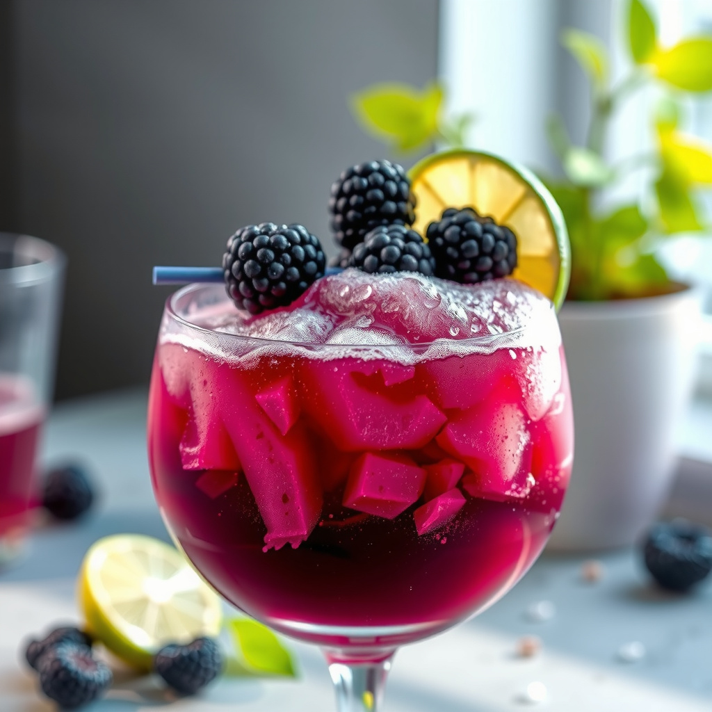 Frozen blackberry lime margarita with deep purple slush and blackberries threaded on a lime wheel garnish