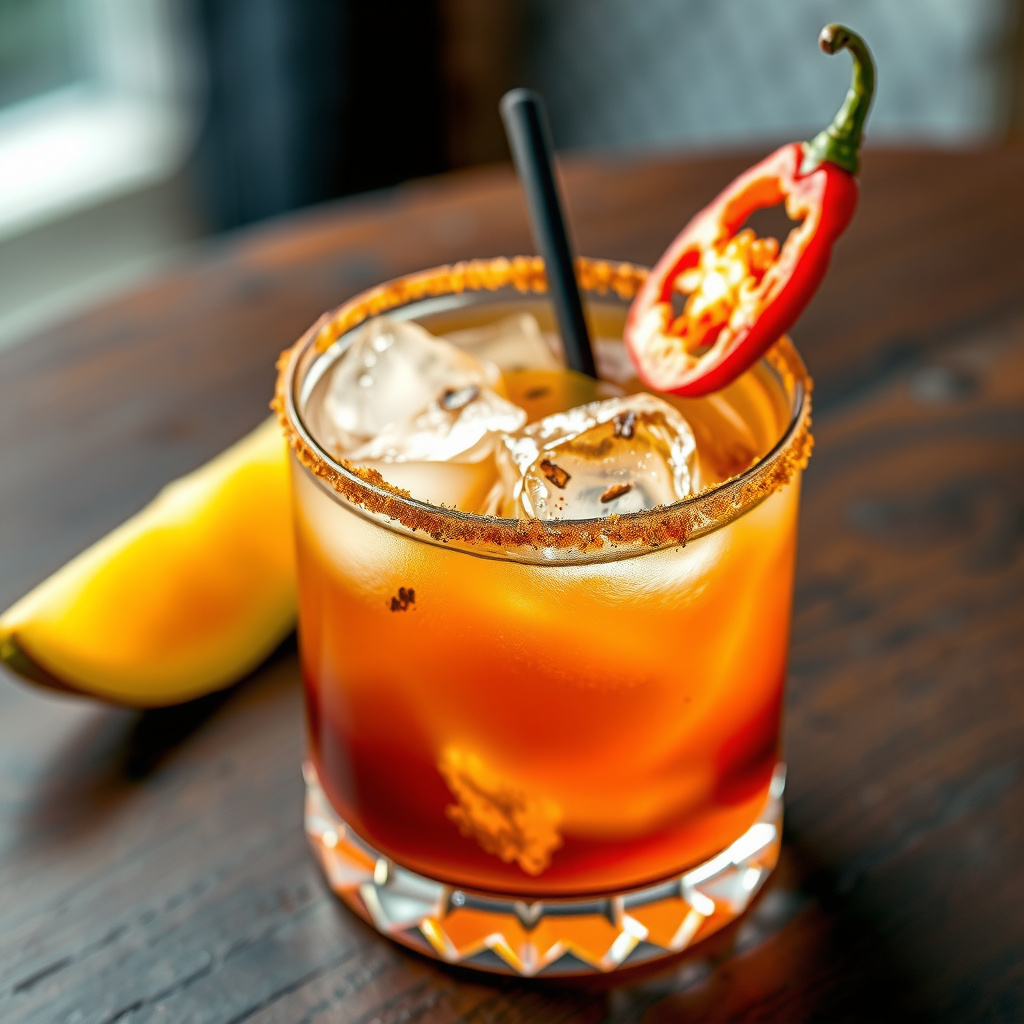 Charred pineapple margarita in a rocks glass with tajin rim, blackened pineapple wedge and habanero slice garnish