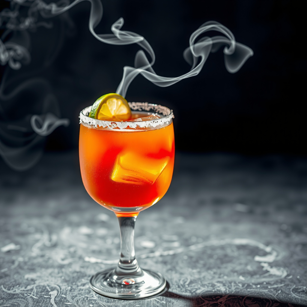 Smoky margarita in a coupe glass with smoked salt rim and wisps of smoke rising