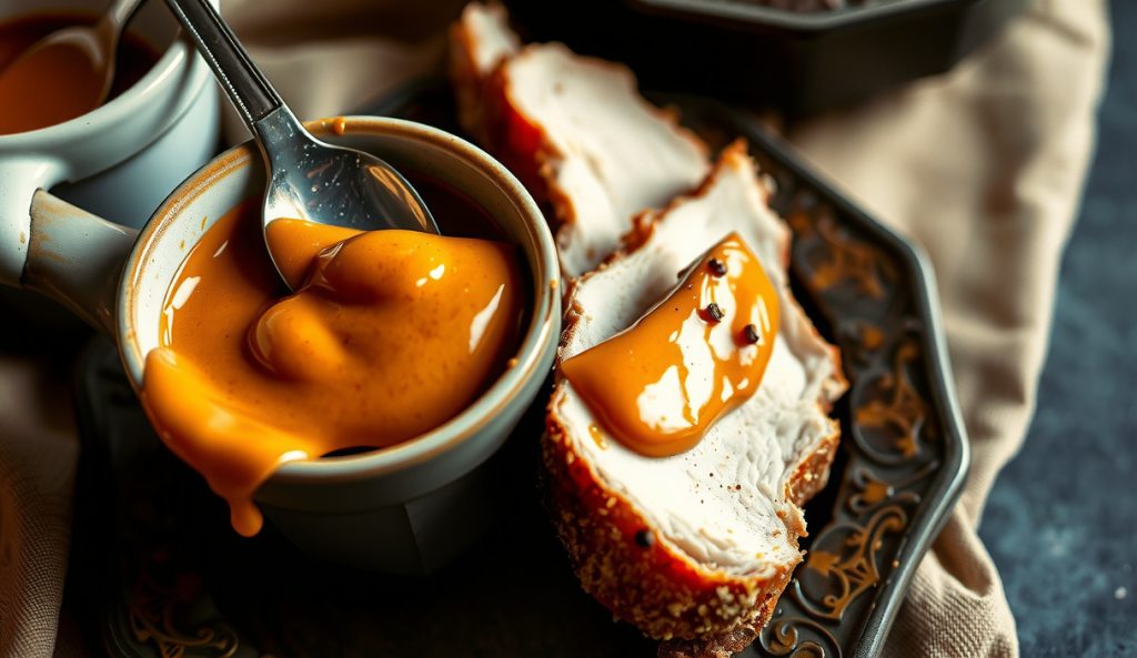 Dairy-forward Alabama white sauce in a stoneware ramekin with a container of sour cream beside it, the sauce visibly thicker and creamier than standard, clinging to a smoked turkey slice.