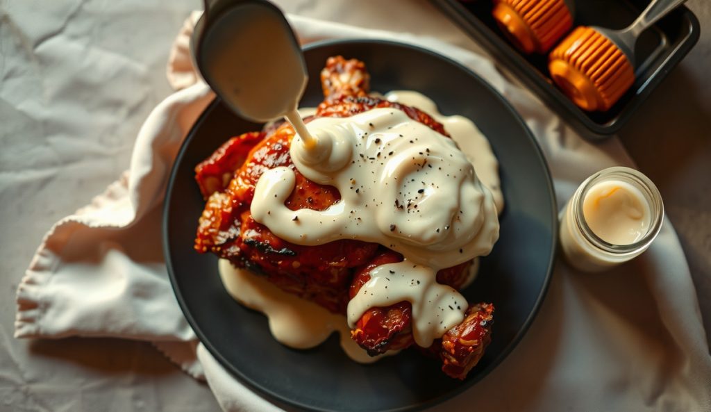 Top-down view of Alabama white BBQ sauce being spooned over smoked chicken on dark stoneware, creamy emulsion with cracked black pepper and horseradish flecks draping over charred skin.