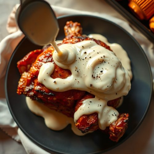 Top-down view of Alabama white BBQ sauce being spooned over smoked chicken on dark stoneware, creamy emulsion with cracked black pepper and horseradish flecks draping over charred skin.