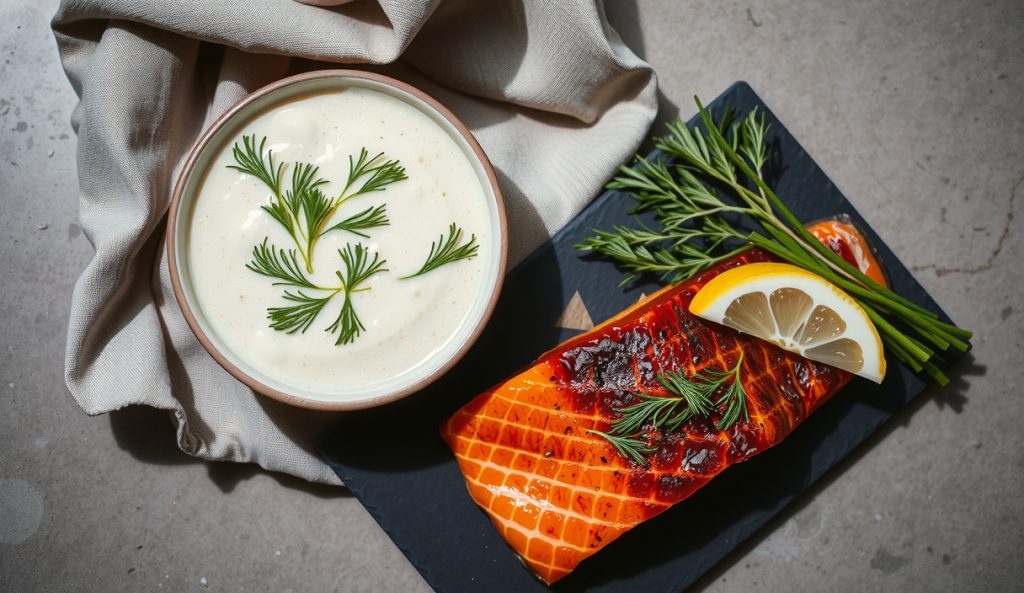Herb-forward Alabama white sauce in a ceramic bowl densely flecked with fresh dill and tarragon, served alongside smoked salmon fillet on dark slate, showing the terpene-bright variation for delicate proteins.