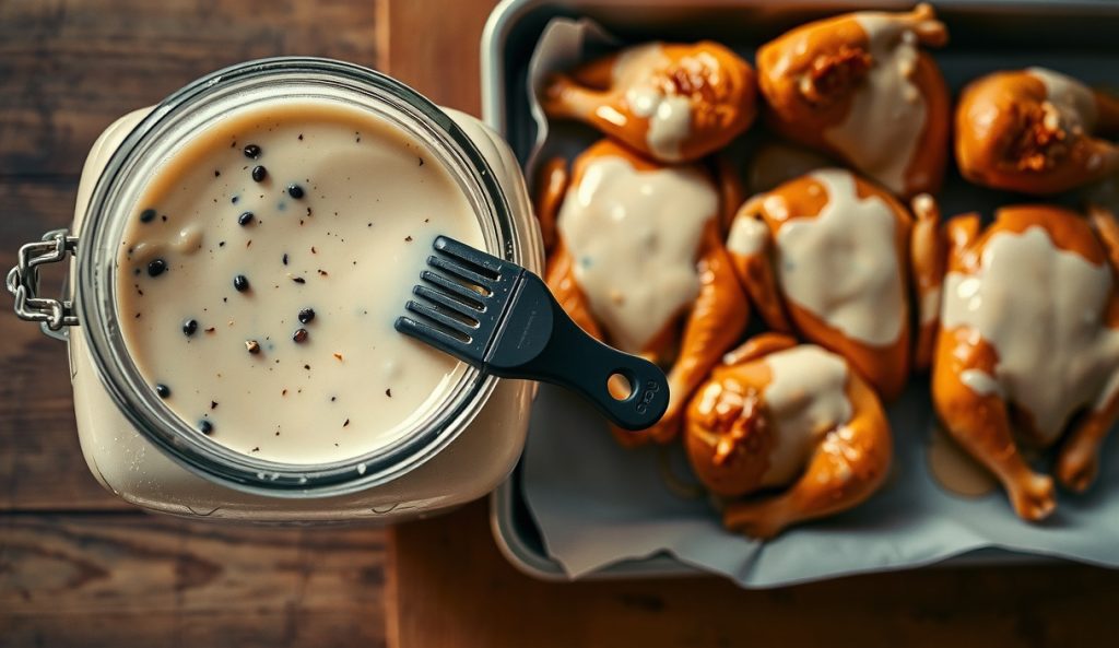 Large-batch Alabama white BBQ sauce in a gallon jar with multiple whole chickens basted in white sauce on a sheet pan behind it, showing the scaled-up catering volume of this variant.