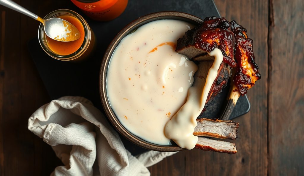 Spicy Alabama white BBQ sauce with visible cayenne streaks and horseradish texture in a cast iron ramekin, with horseradish jar and hot sauce bottle alongside fatty pork ribs, showing the double-burn heat layering.