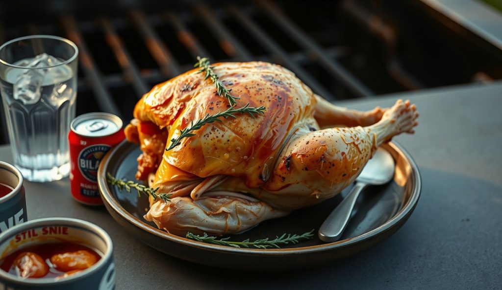 Whole beer-can chicken resting on a dark stoneware plate with shattered golden-amber crackled skin, juice beading down the thigh, a half-crushed beer can and fresh thyme beside it, warm side lighting