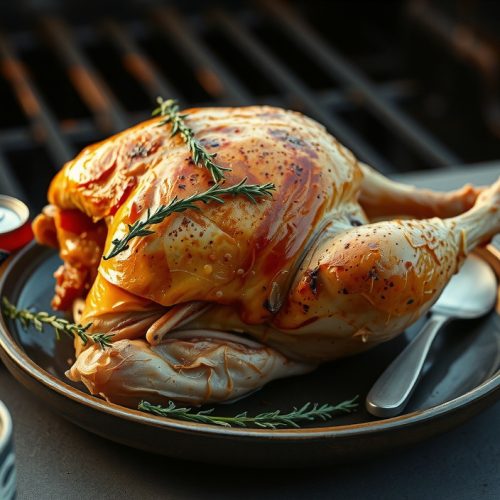 Whole beer-can chicken resting on a dark stoneware plate with shattered golden-amber crackled skin, juice beading down the thigh, a half-crushed beer can and fresh thyme beside it, warm side lighting