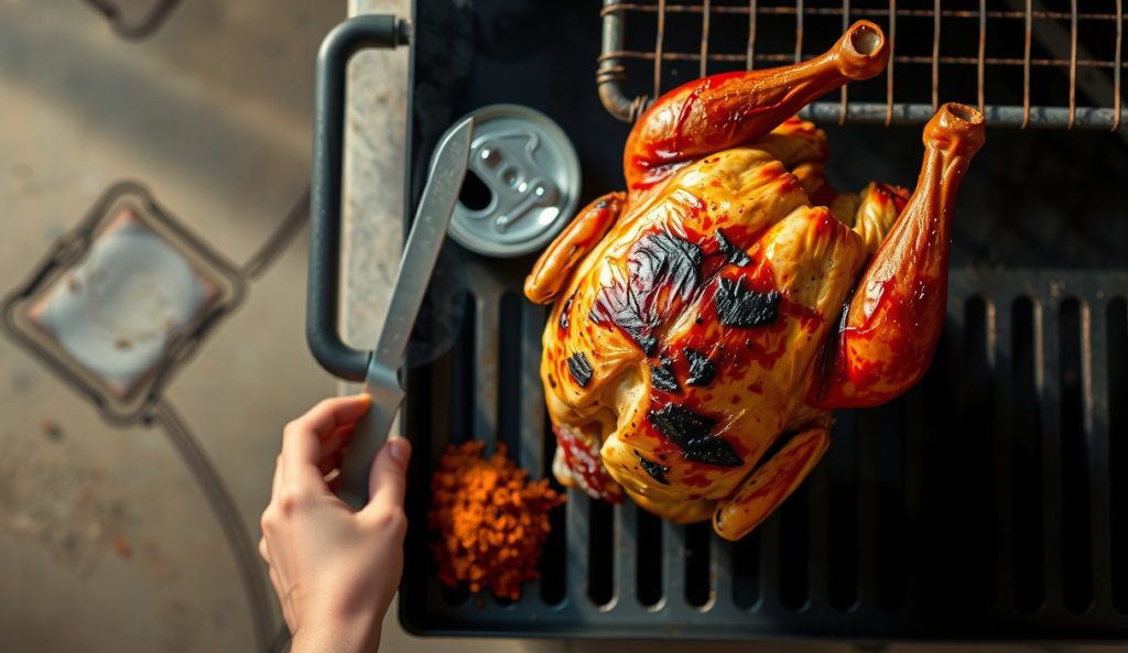 Gluten-free beer-can chicken upright on grill grates with crisp amber GF spice rub skin and smoke wisps rising, generic unlabeled can visible, GF rub spice pile beside the bird.