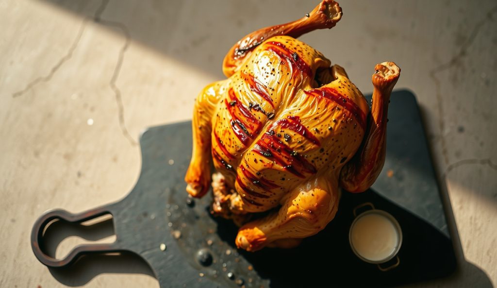Keto beer-can chicken upright on grill with crisp amber skin from sugar-free herb-pepper rub, rendered fat dripping to grates below, no sweet glaze, steam rising from cavity, herb sauce ramekin alongside.