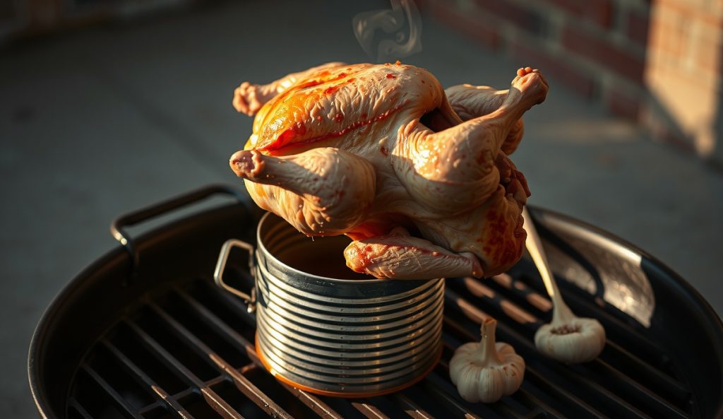 Whole chicken upright on a can filled with chicken broth and aromatics on a grill, no beer visible, garlic and herb sprig at can opening, apple cider pitcher and garlic bulb beside grill, no-beer cavity variation.