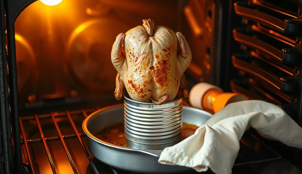 Whole beer-can chicken mounted upright on a can on a wire rack in a domestic oven roasting pan, crackling golden skin, oven heating element visible, no grill, oven-only method with steam rising from cavity.