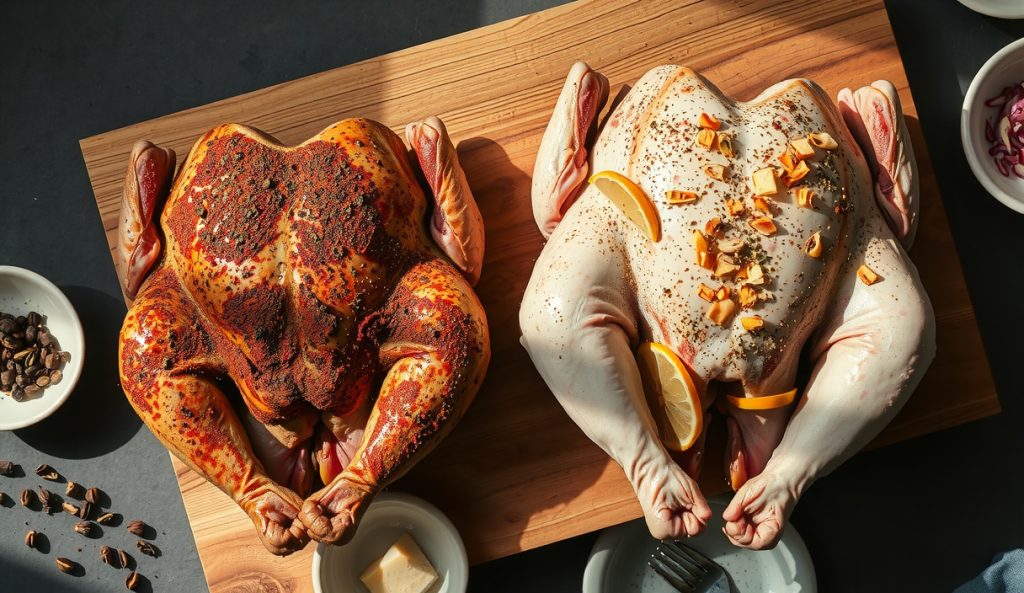 Two whole chickens side by side showing contrasting rub profiles — Texas black pepper and smoked paprika on one, pale Provençal herb and lemon zest on the other — ingredient bowls flanking each bird, rub variation comparison.