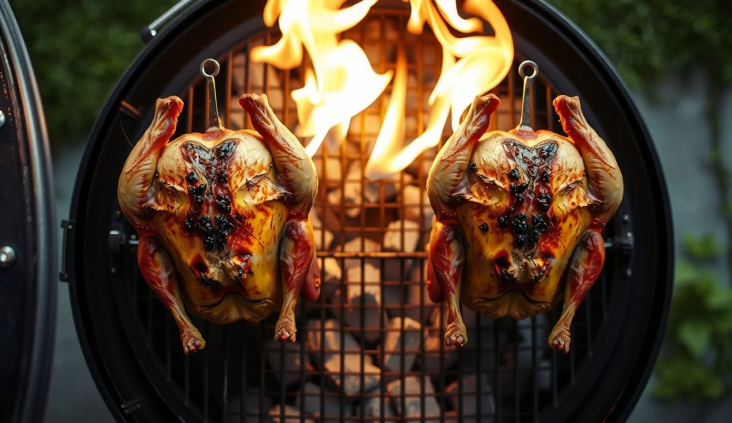 Two whole beer-can chickens mounted upright on cans side by side on a 22-inch kettle grill, charcoal banked around the perimeter, both birds with golden crackling skin, two-bird scaling arrangement visible from above.