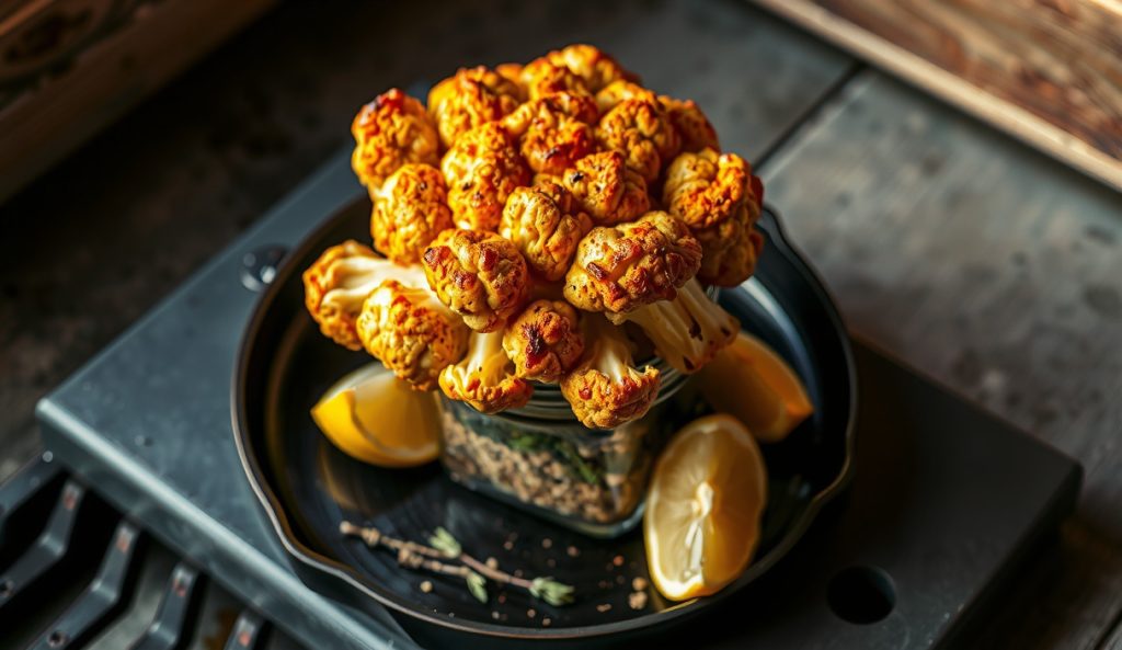 Vegetarian companion: whole cauliflower roasted upright on a jar over grill grates with paprika-herb crust, deep golden caramelized exterior mimicking beer-can chicken, lemon wedges and thyme around base.