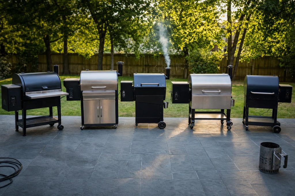 Five pellet smoker grills lined up across a slate patio in a suburban backyard with thin smoke rising from one of them at summer afternoon.