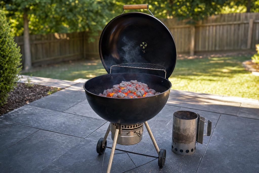 A classic dome-lid charcoal kettle grill on a slate patio in a suburban backyard with the lid propped open showing glowing red-orange coals in the bowl at summer afternoon.