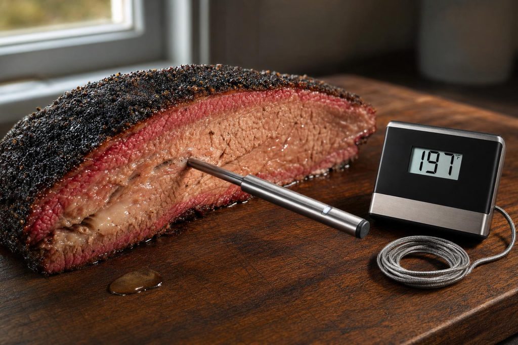 A stainless wireless meat probe inserted into a thick slice of smoked brisket on a dark walnut cutting board, with a small wireless display unit beside it showing 197°F.