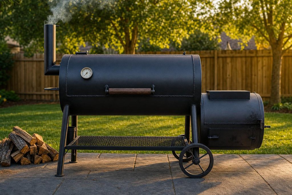 A black steel offset stick-burner smoker on a slate patio in a suburban backyard with thin smoke rising from the chimney at golden hour.