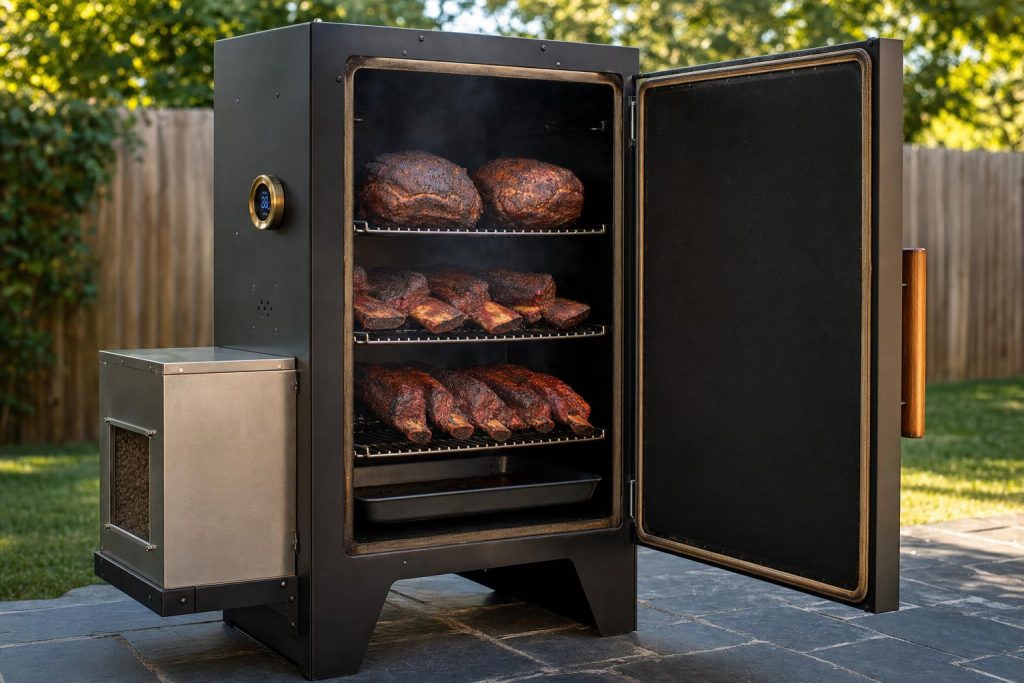 A tall cabinet-style vertical pellet smoker with door open showing three racks loaded with pork butts, beef ribs, and a drip pan, in a suburban backyard.