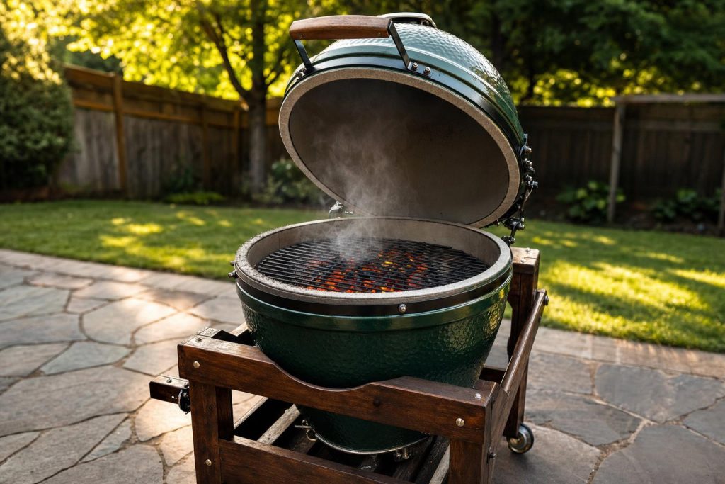 A green ceramic kamado grill on a slate patio in a suburban backyard with the dome propped open showing red-orange coals inside.