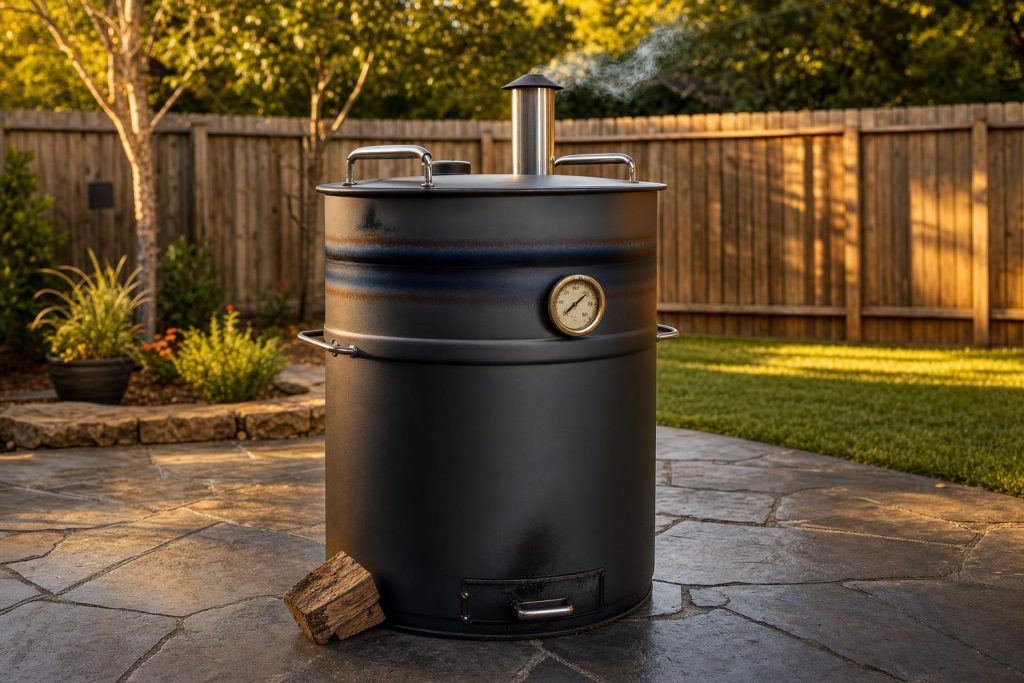 A black 55-gallon drum smoker on a slate patio in a suburban backyard with thin smoke rising from the chimney at golden hour.
