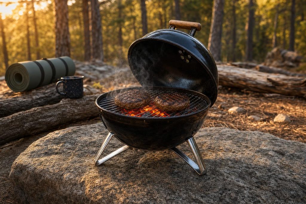 A small portable charcoal kettle grill set up at a forest campsite at golden hour with burning coals inside, surrounded by camping gear and pine trees.