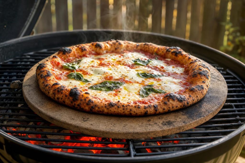 A charred-edged margherita pizza resting on a thick ceramic pizza stone on a backyard kettle grill with glowing coals below.