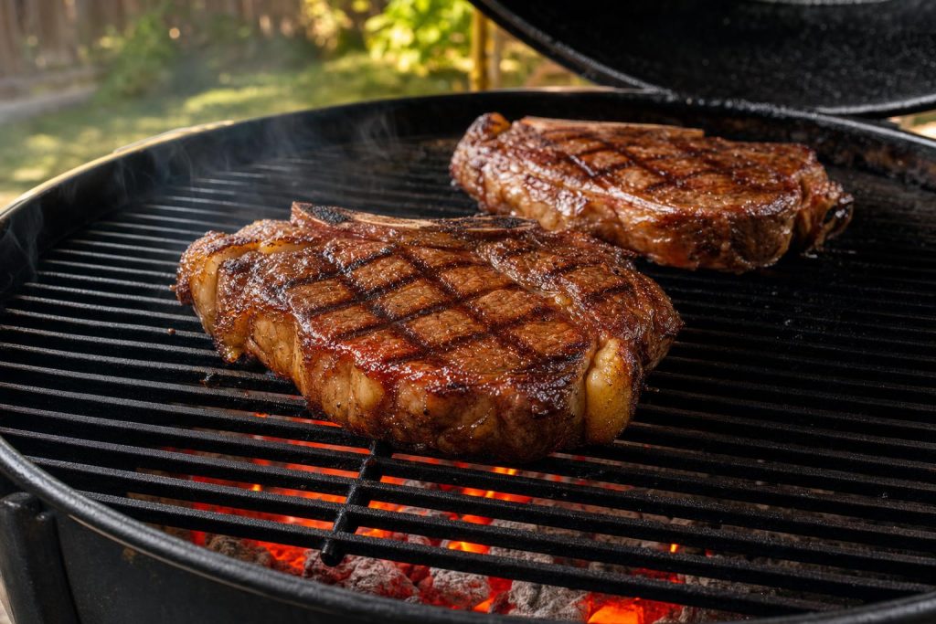 Two thick bone-in ribeye steaks searing on black cast iron grates inside a kettle grill with deep crosshatch grill marks and smoke rising.