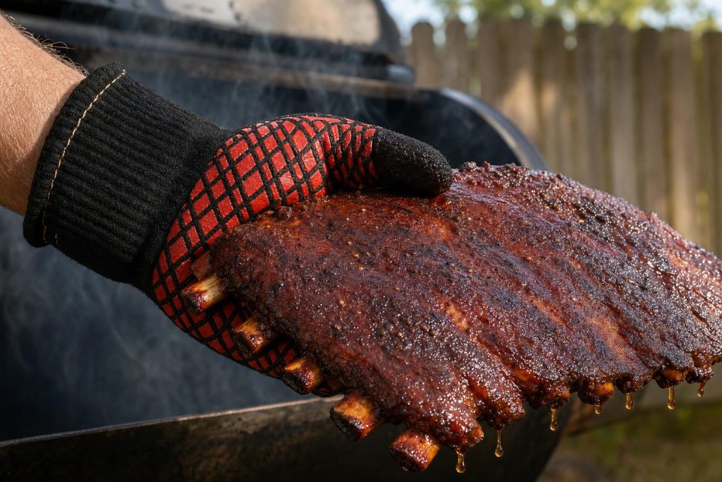 A hand wearing a thick black insulated BBQ glove with red silicone palm grip lifting a rack of finished smoked ribs with glistening bark and dripping juice.