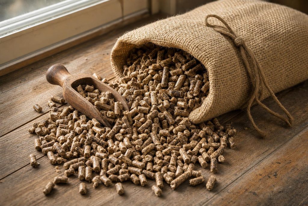 A tan burlap sack of hardwood smoker pellets tipped open with cylindrical pellets spilling onto weathered cedar planks, with a small wooden scoop nearby.