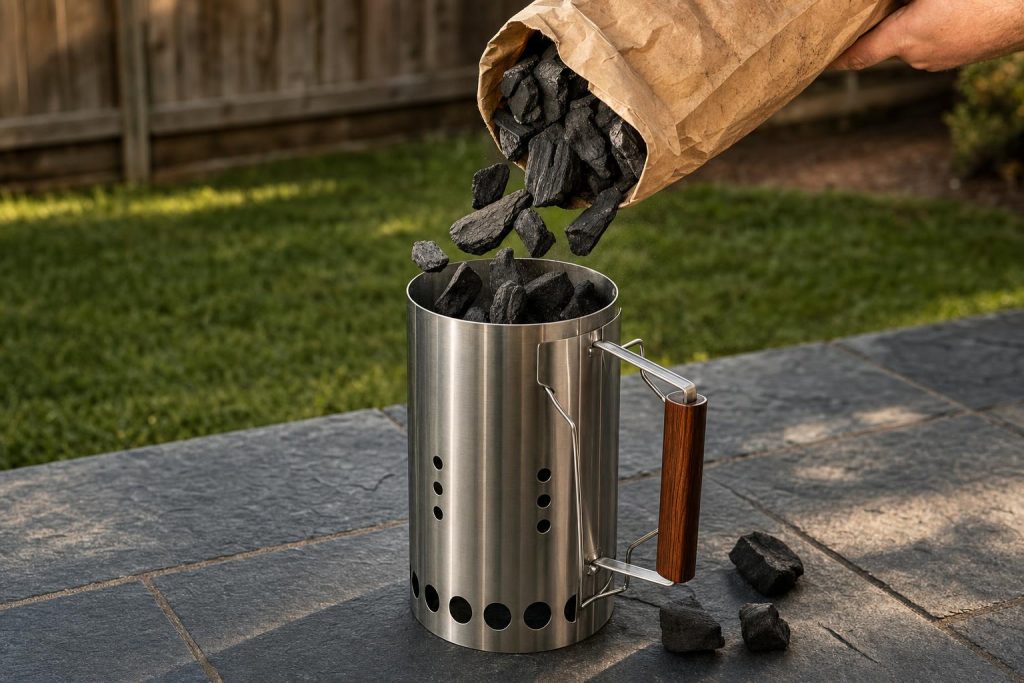 Irregular hardwood lump charcoal being poured from a kraft-paper sack into a tall stainless chimney starter on a slate patio.