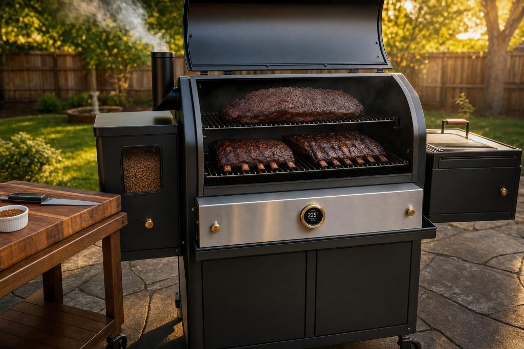 A premium black-and-stainless pellet smoker with side sear box on a slate patio in a suburban backyard, lid open showing a whole brisket and beef ribs at golden hour.