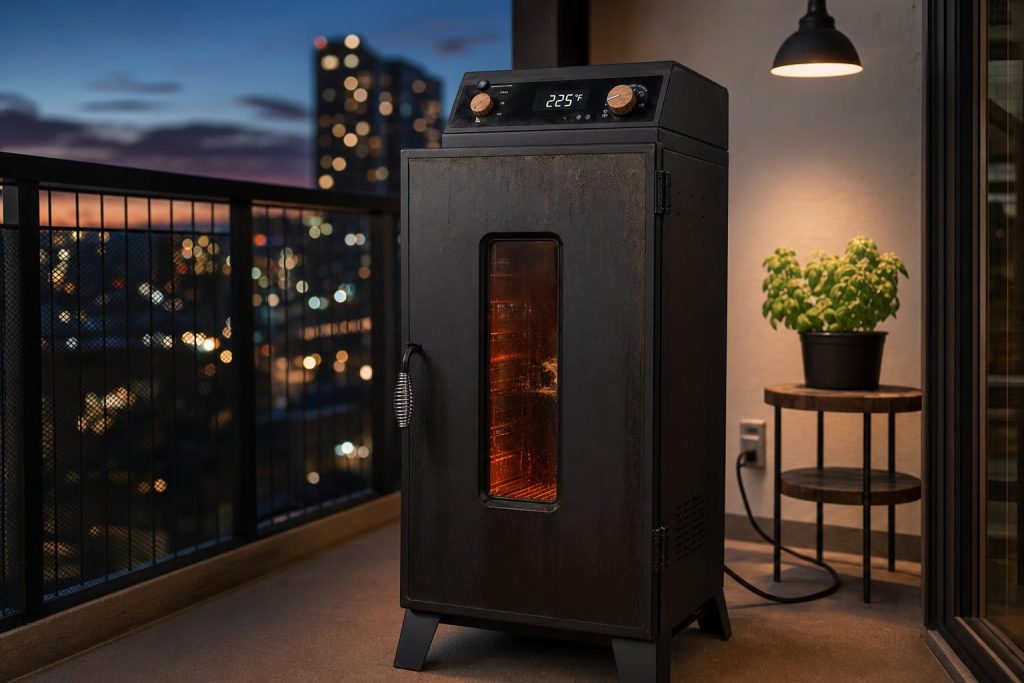 A black electric smoker box on a covered apartment balcony with a small glow from the heating element visible through the door window at dusk.