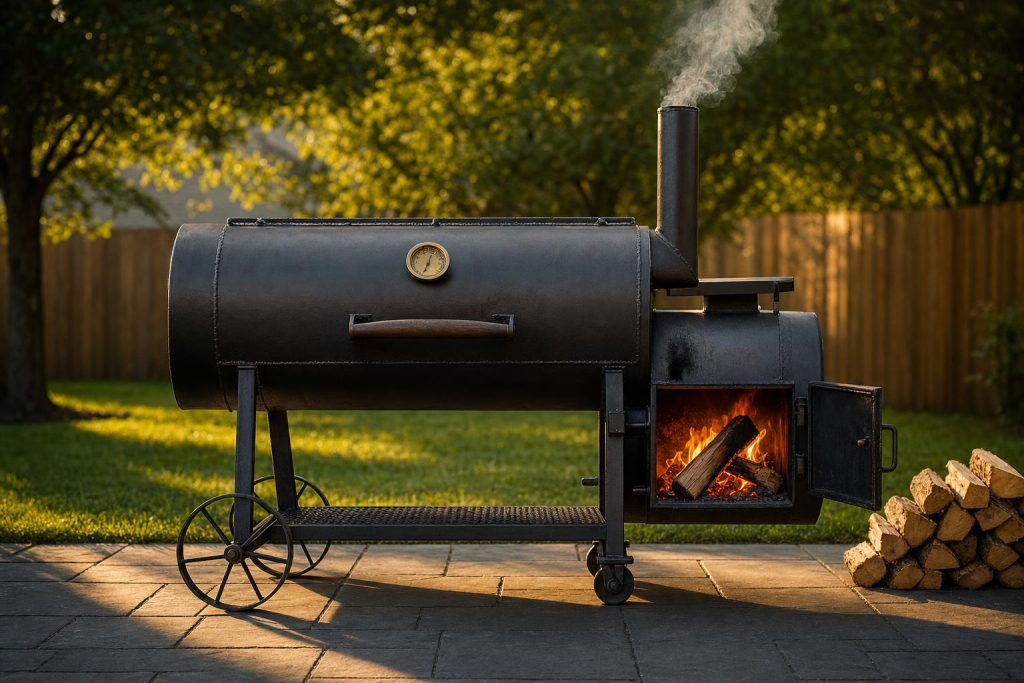 A large black reverse-flow offset smoker with the firebox door cracked open showing burning split-oak logs and the chimney rising from the right at golden hour.