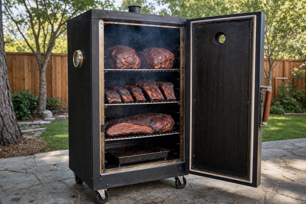 A tall heavy-gauge black insulated cabinet smoker with front door open showing four loaded racks of meat in a suburban backyard.