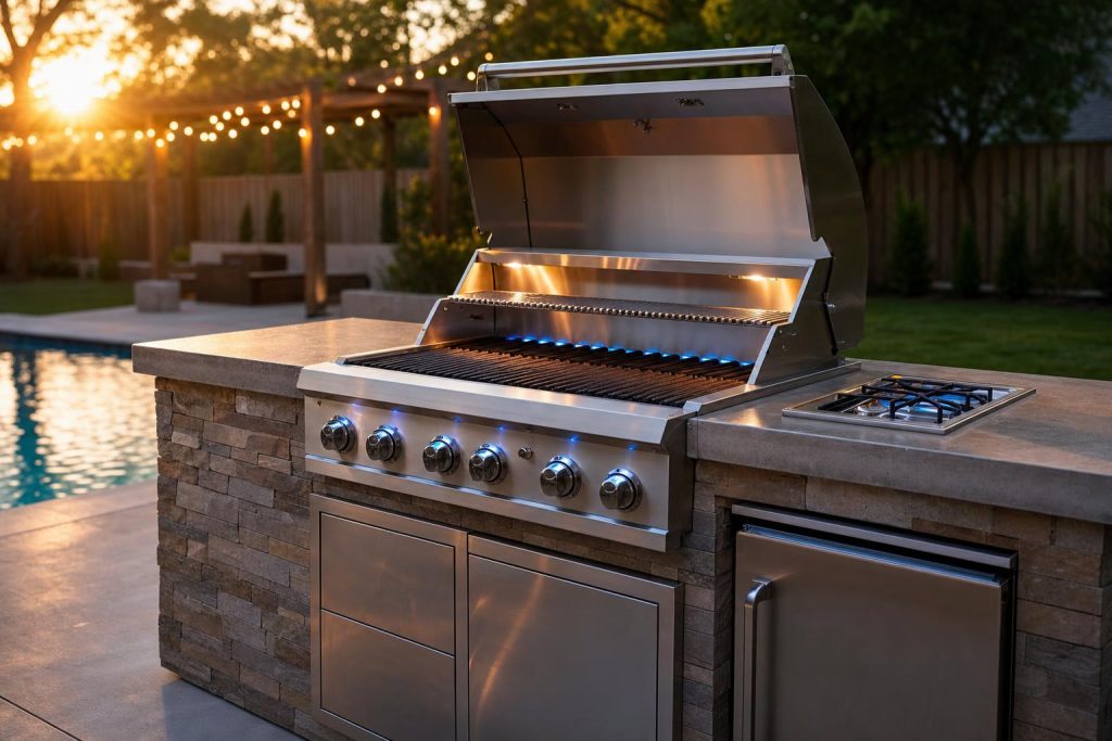 A high-end built-in stainless gas grill installed in a stacked-stone outdoor kitchen island with lid open showing burners lit faint blue at golden hour.