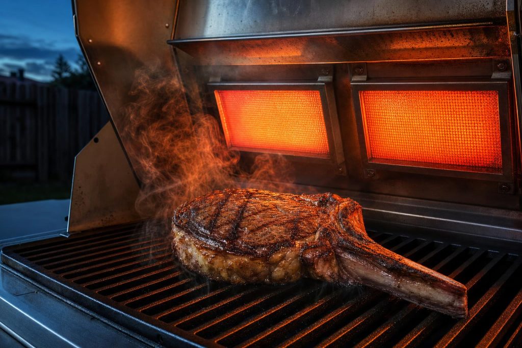 An infrared grill with bright glowing red-orange ceramic infrared burner panels at the rear searing a thick ribeye steak on cast iron grates.