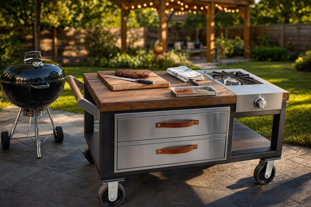A rolling outdoor grill cart with reclaimed hardwood top, stainless side burner, leather-strapped drawers, and rubber-wheeled casters on a slate patio with warm string lights behind.