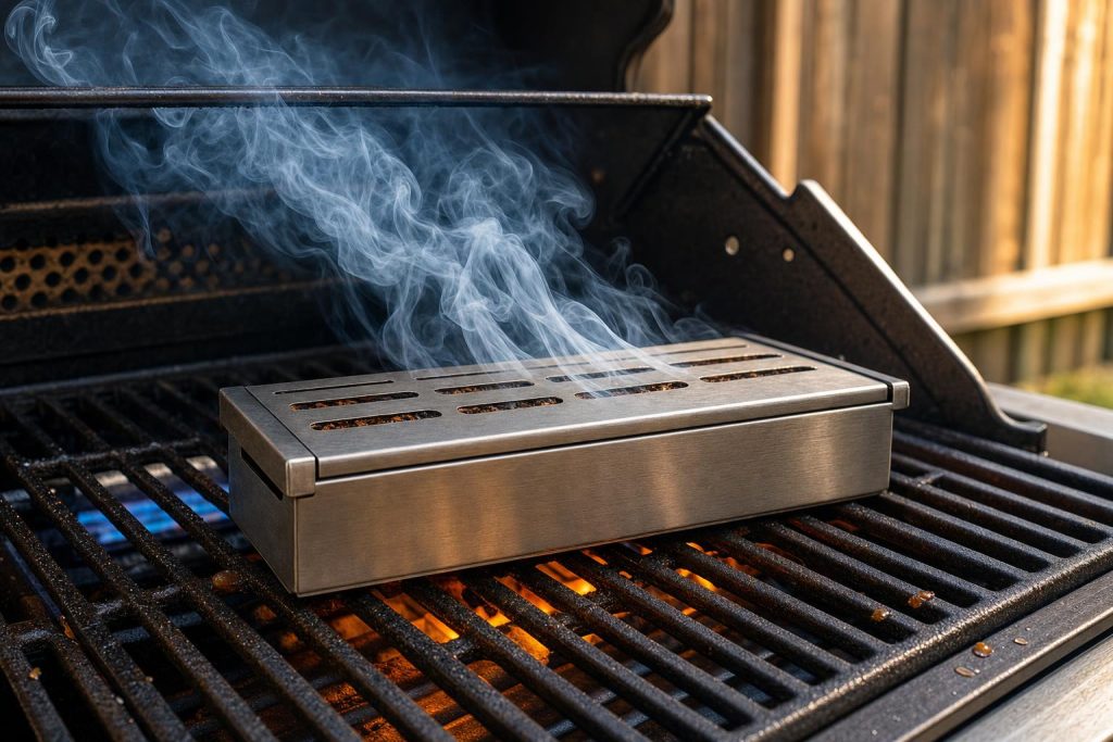 A brushed stainless smoker box with slotted lid sitting on cast iron gas grill grates with smoke pouring out, lit from below by orange burner glow.