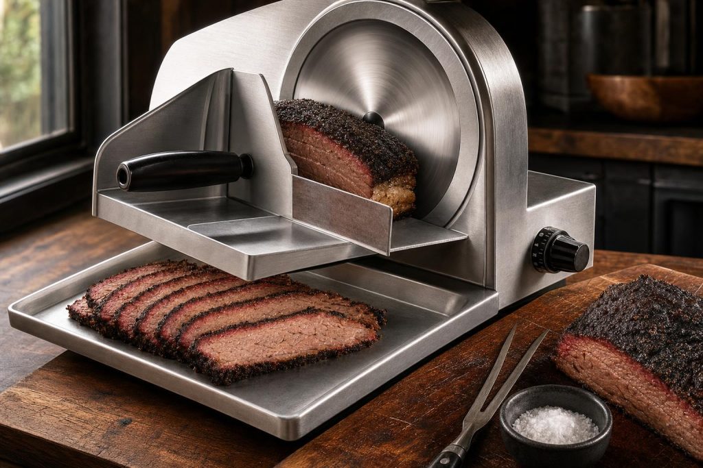 A heavy stainless commercial-style electric meat slicer slicing thin slices of smoked brisket on a kitchen counter with the cooked end on a walnut board.