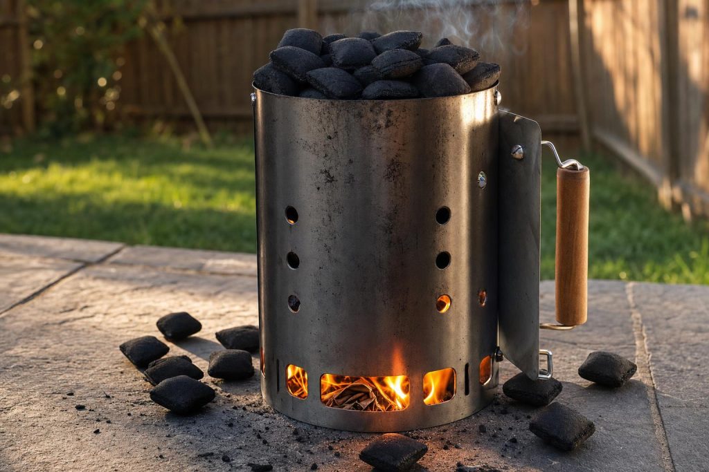 A tall stainless chimney starter packed with uniform pillow-shaped charcoal briquettes with bright orange flames licking up from the burning newspaper at the base on a slate patio.