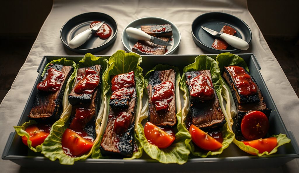 Competition-scale burnt ends in a turn-in box with lacquer-glossy bark and piped cherry-bourbon foam, with hotel pans and N2O siphons visible for the catering-scale variant.