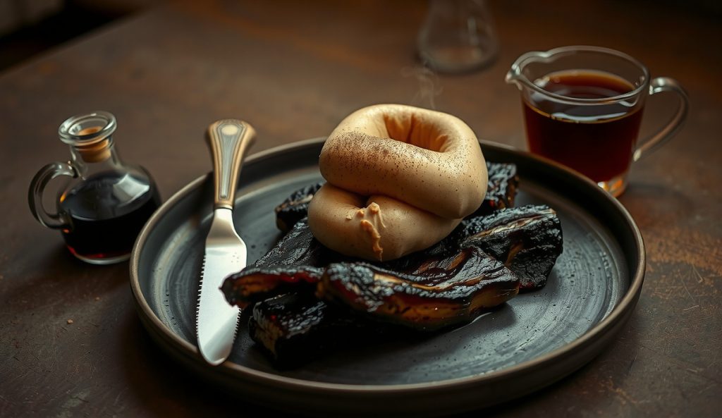 Burnt ends with dark espresso-bourbon foam quenelle on stoneware, showing the cold-brew and dark rum substitution creating a deep roasted foam distinct from the cherry-bourbon original.