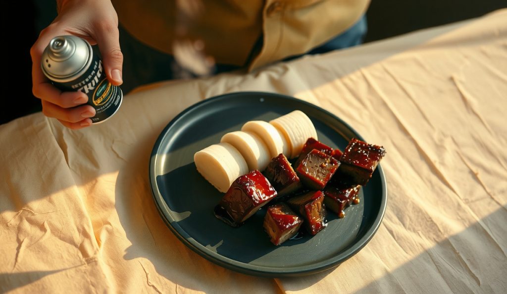 Brisket burnt ends on dark stoneware with a collapsing cherry-bourbon N2O foam crown, deep mahogany double-bark cubes visible beneath, glossy cherry glaze catching warm sidelight with steam rising.