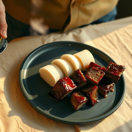 Brisket burnt ends on dark stoneware with a collapsing cherry-bourbon N2O foam crown, deep mahogany double-bark cubes visible beneath, glossy cherry glaze catching warm sidelight with steam rising.