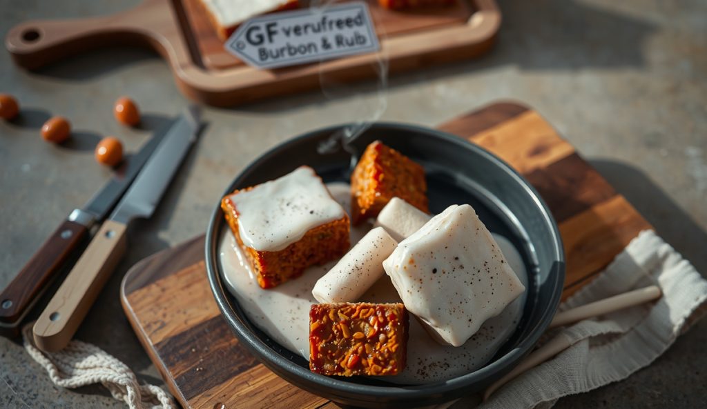 Gluten-free burnt ends with cherry-bourbon foam on dark stoneware, GF-verified rub crust visible, steam rising, no gluten-containing accompaniments on weathered butcher block.