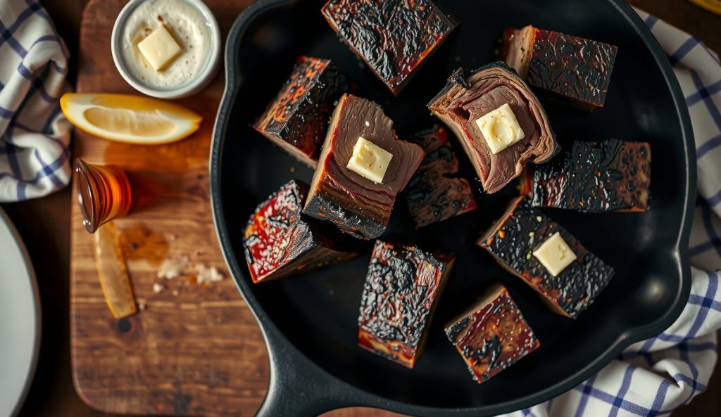 Keto burnt ends with sugar-free dry bark and low-carb cherry-bourbon foam in ramekin, matte cracked-pepper crust with glistening butter, cast iron skillet on dark butcher block.