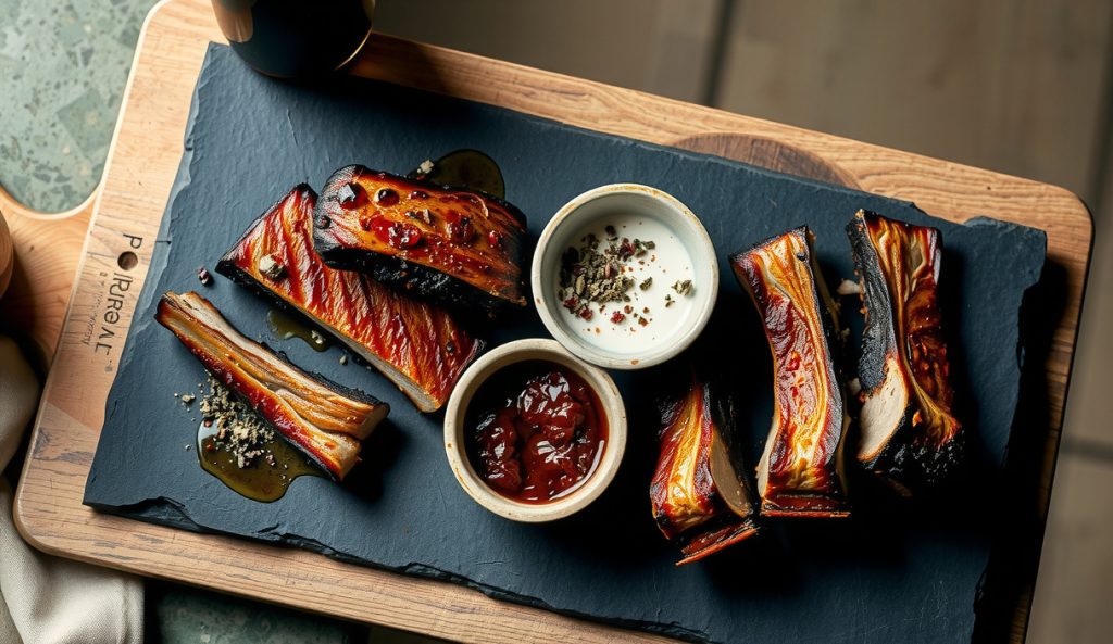 Low-sodium burnt ends sliced to show smoke ring and lighter rub bark with cherry-bourbon foam on dark slate, representing the 50% sodium reduction adaptation.